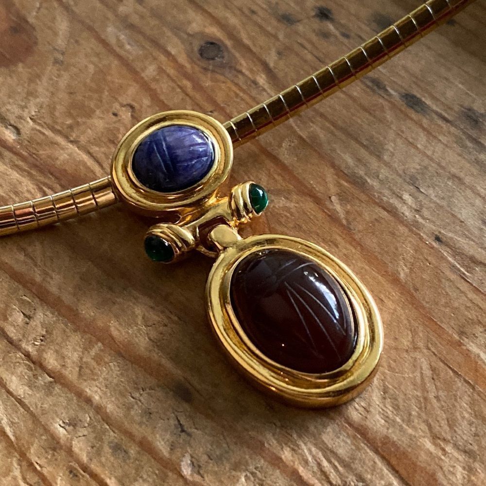 💛 Vintage Givenchy Gripoix Sodalite Carnelian Scarab Necklace Pendant & Earrings